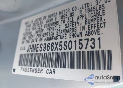 2005 Honda Civic Hybrid from USA, damaged, VIN JHMES966X5S015731